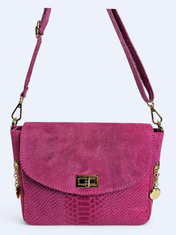 Listonoszka z zamszowej drukowanej skóry fuksja