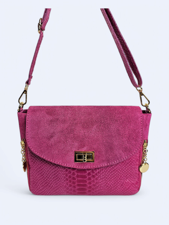 Listonoszka z zamszowej drukowanej skóry fuksja